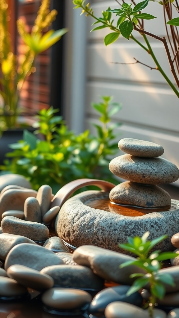 A serene arrangement of stones in a garden with lush greenery.