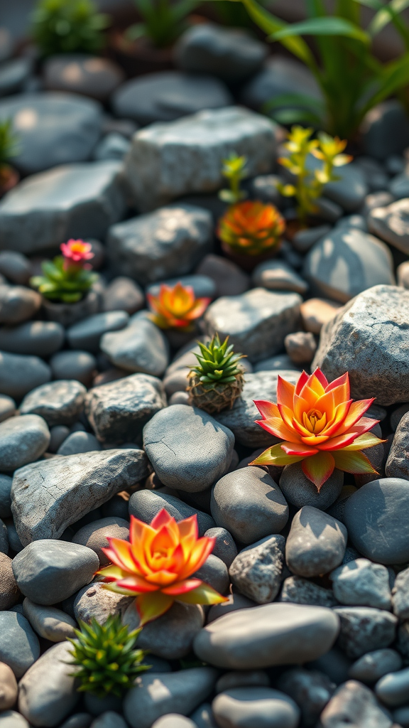 A rock garden featuring colorful succulents surrounded by smooth stones.