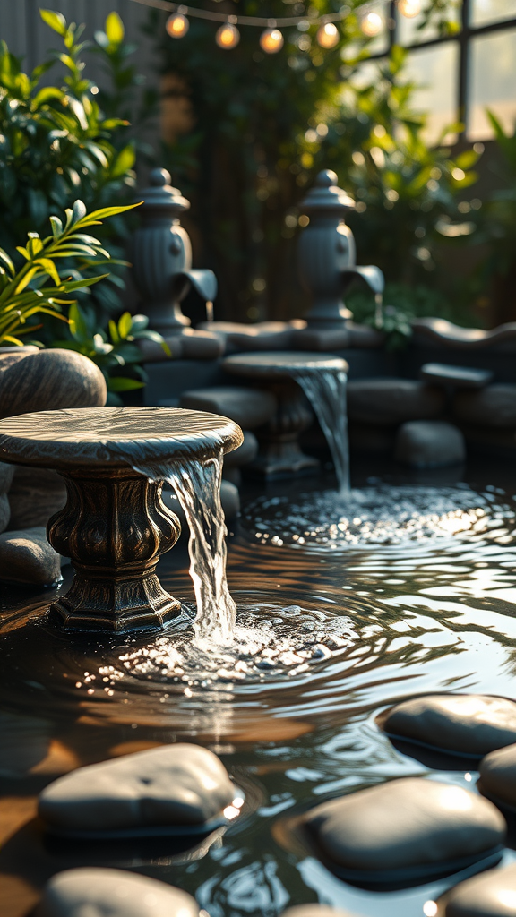 A serene garden with cascading fountains and smooth stones, showcasing a calming atmosphere.