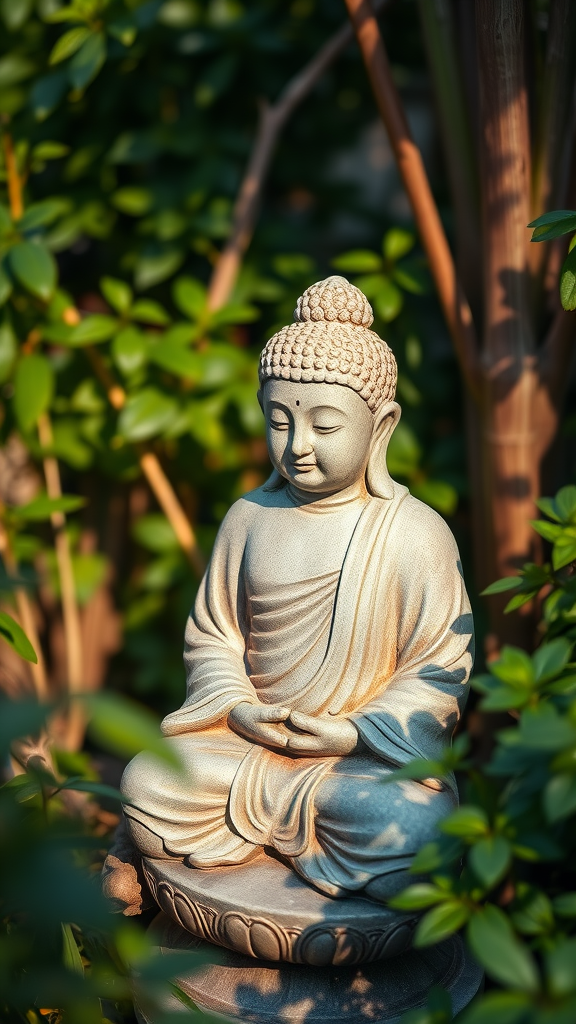 Stone Buddha statue surrounded by green plants in a garden