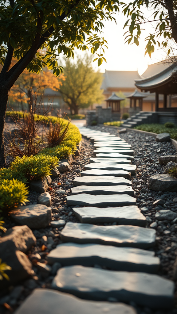 Pathway of stepping stones in a serene garden setting