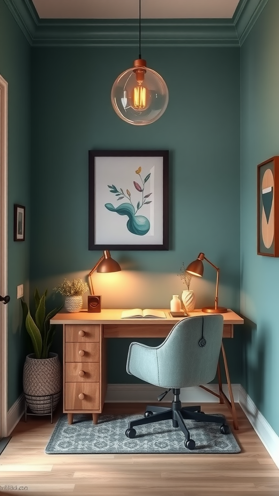 A cozy workspace featuring a wooden desk with two lamps, a comfortable chair, and decorative elements in a softly colored room.