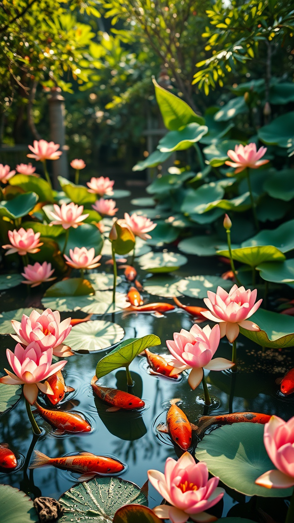 Koi pond surrounded by pink lotus flowers and lush greenery.