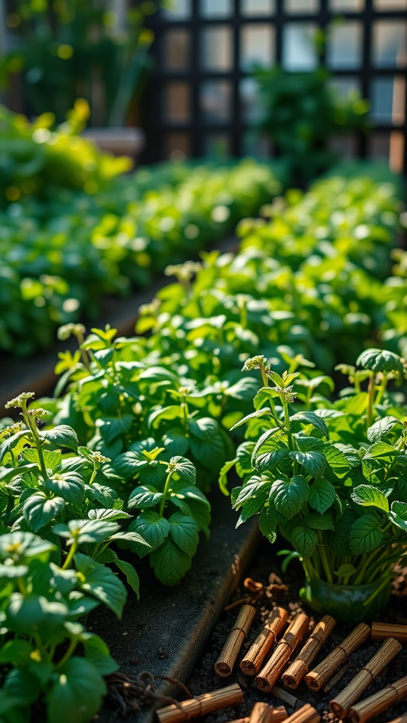 A lush herb garden with bamboo accents, showcasing rows of vibrant green plants.