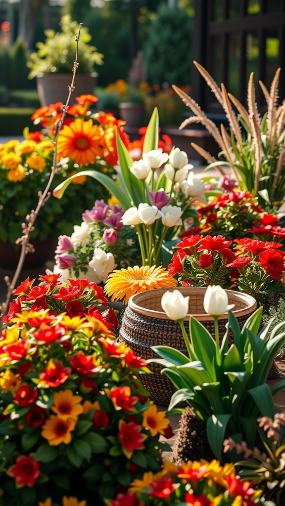 Colorful seasonal flower beds featuring tulips and geraniums in decorative pots