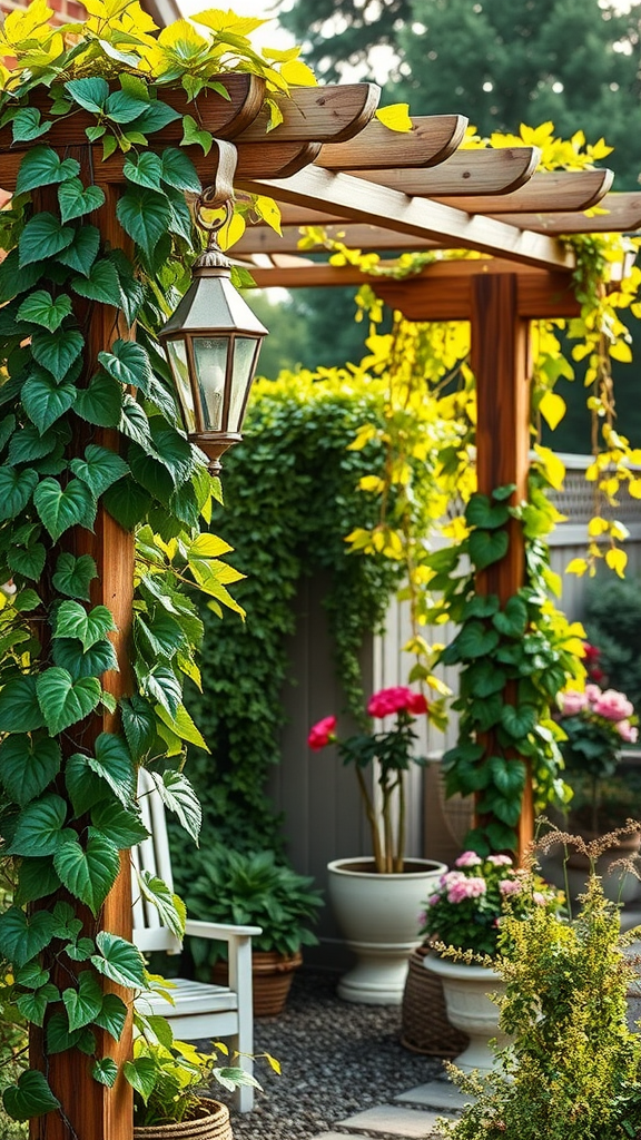 Garden trellis with climbing vines and lantern surrounded by flowers and greenery.