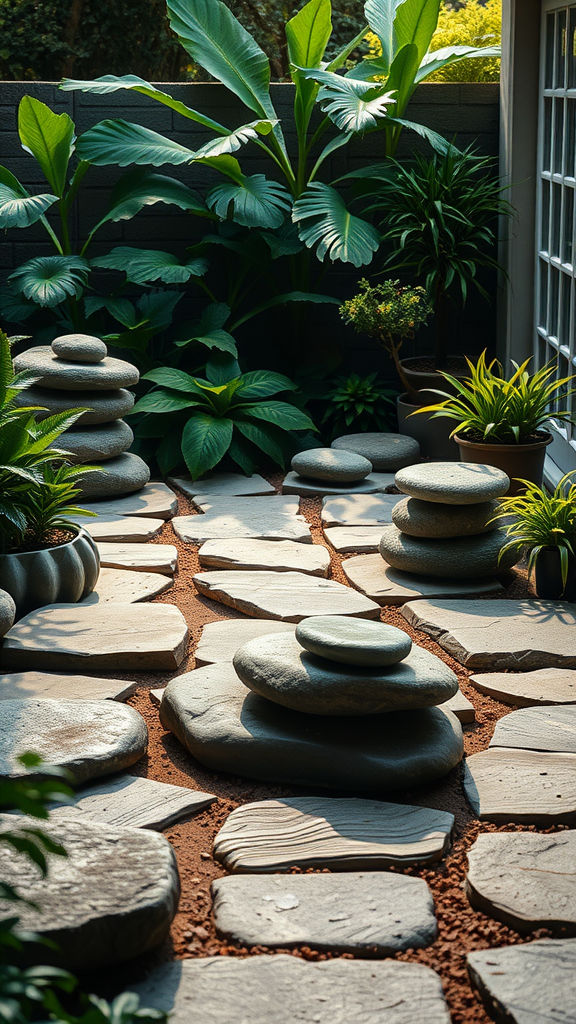 A serene meditation area with smooth stones and lush plants.