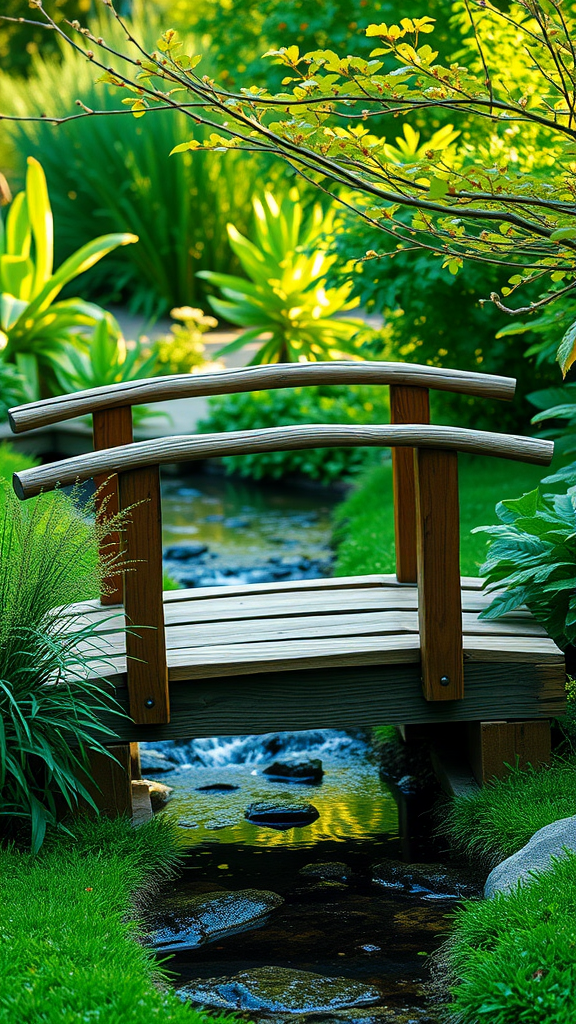 A small wooden bridge over a stream in a lush garden.