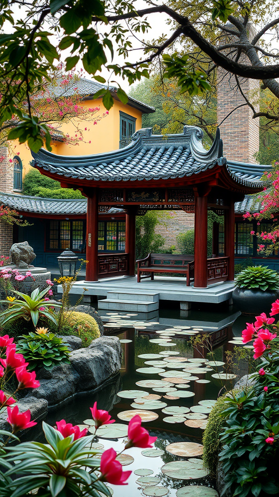 A traditional Chinese garden featuring a wooden pavilion, colorful flowers, and a calm water pond.