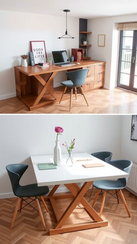 A multi-functional furniture setup featuring a stylish desk and dining table in a cozy room.