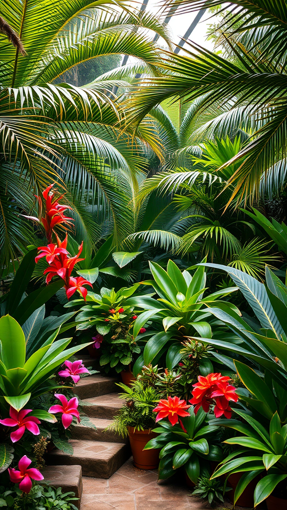 Lush tropical garden with exotic plants and vibrant flowers