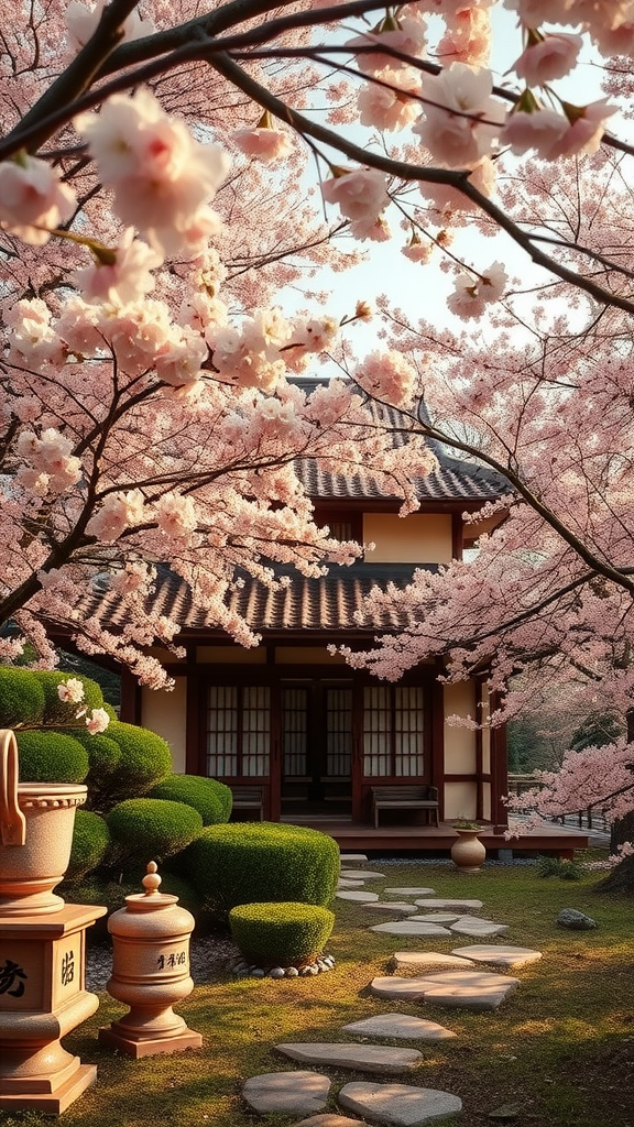 A traditional Japanese tea house surrounded by blooming cherry blossoms and a well-kept garden.