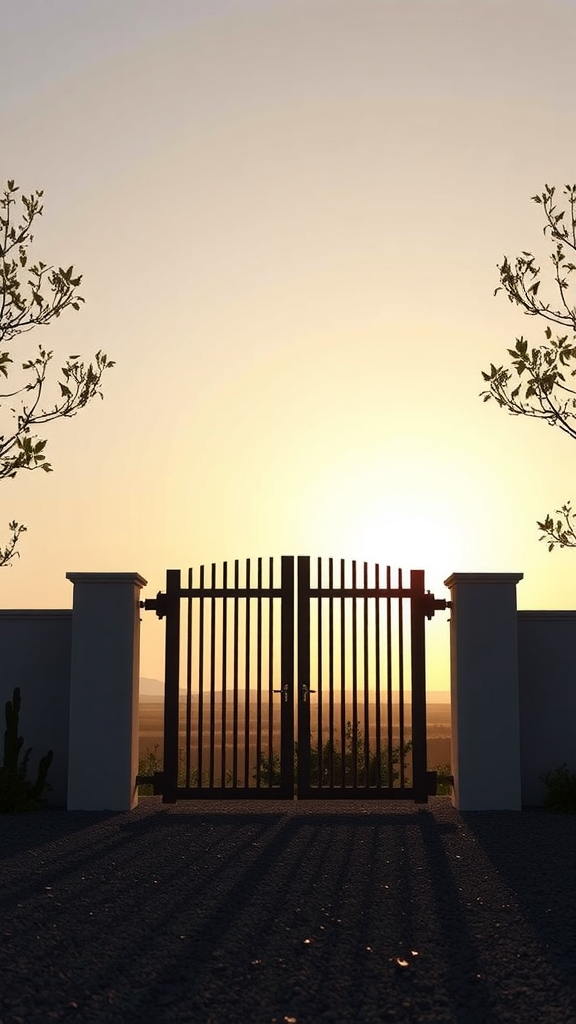 A geometric steel gate with a sunset backdrop, set between white pillars and surrounded by trees.