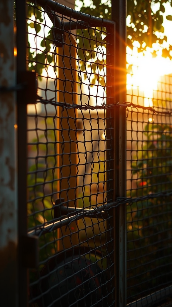 A rustic chain-link gate with barbed wire accent, surrounded by greenery and sunlight.