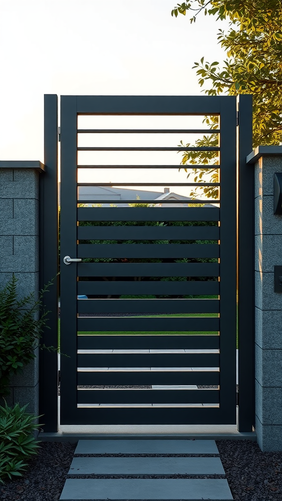 A modern minimalist gate with horizontal slats, framed by greenery and a clear pathway.