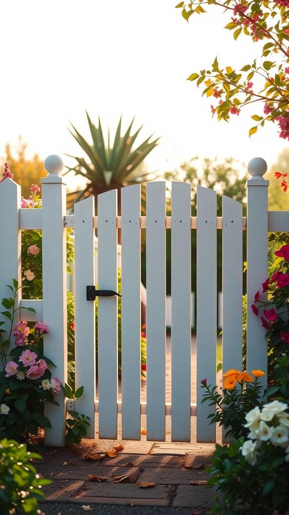 A classic white picket fence gate surrounded by colorful flowers in a garden.