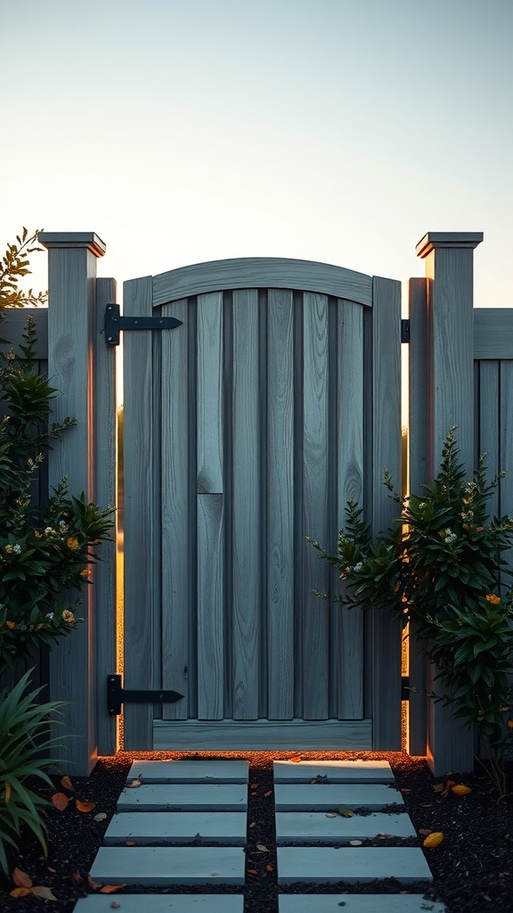 A tall wooden privacy gate with vertical panels, surrounded by greenery and a stone pathway.