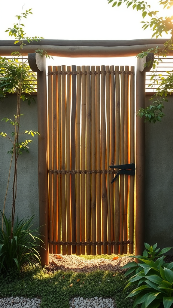 A beautifully designed bamboo gate surrounded by lush greenery and soft light.