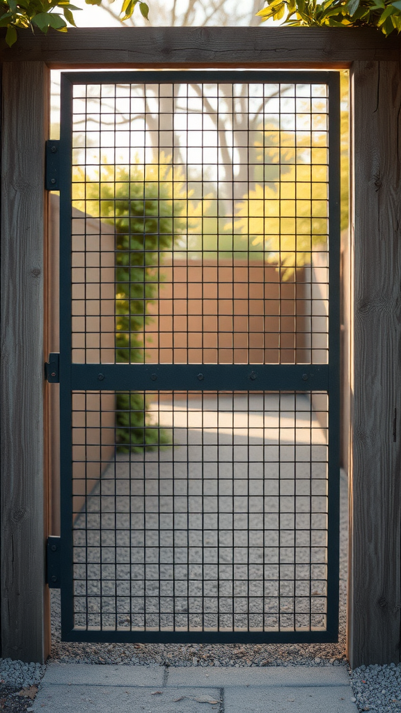 A wire mesh gate framed with rustic wood, leading to a garden pathway