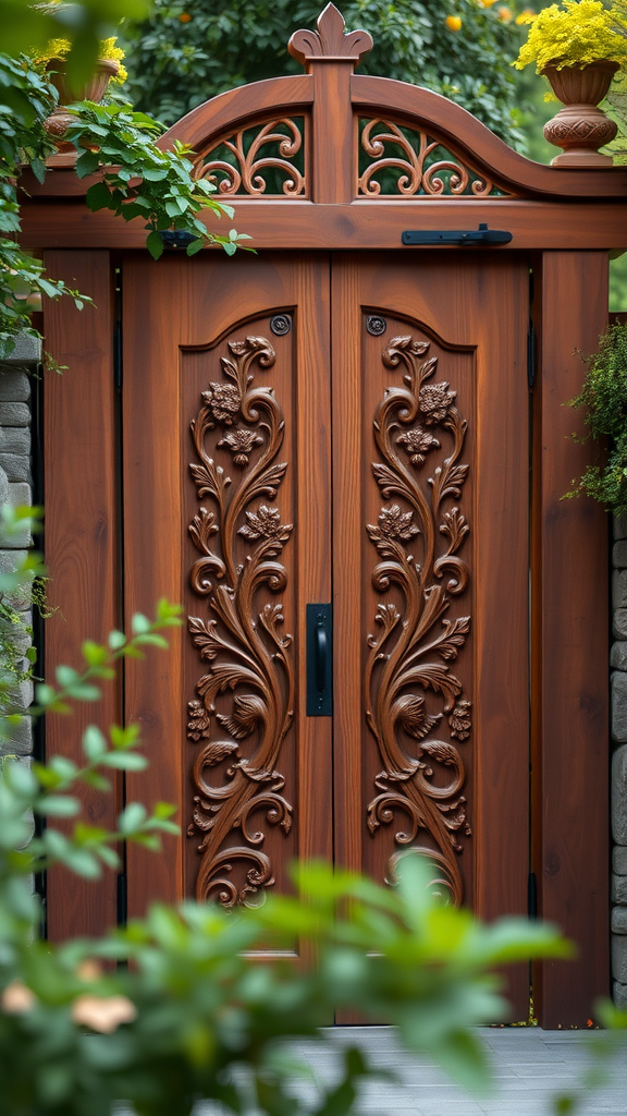 Handcrafted cedar gate with intricate carvings surrounded by greenery