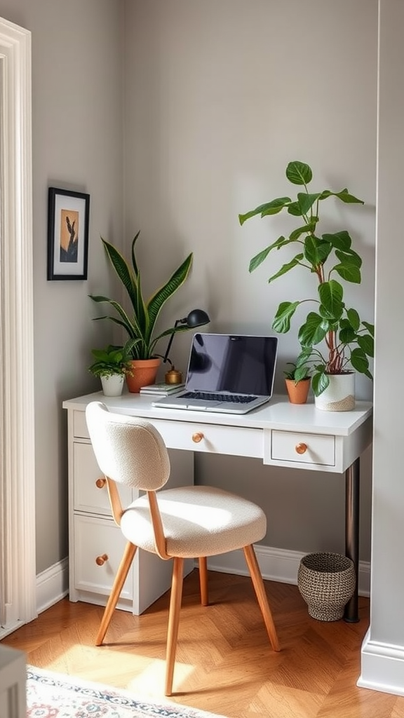 A cozy corner desk setup featuring a white desk, laptop, and plants, perfect for a home office.