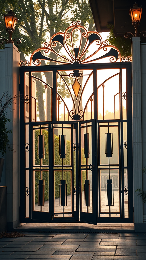 Art Deco inspired gate with bold lines and intricate design, surrounded by greenery.