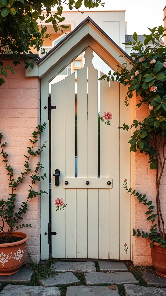 A cottage-style gate with floral motifs surrounded by greenery and a potted plant.