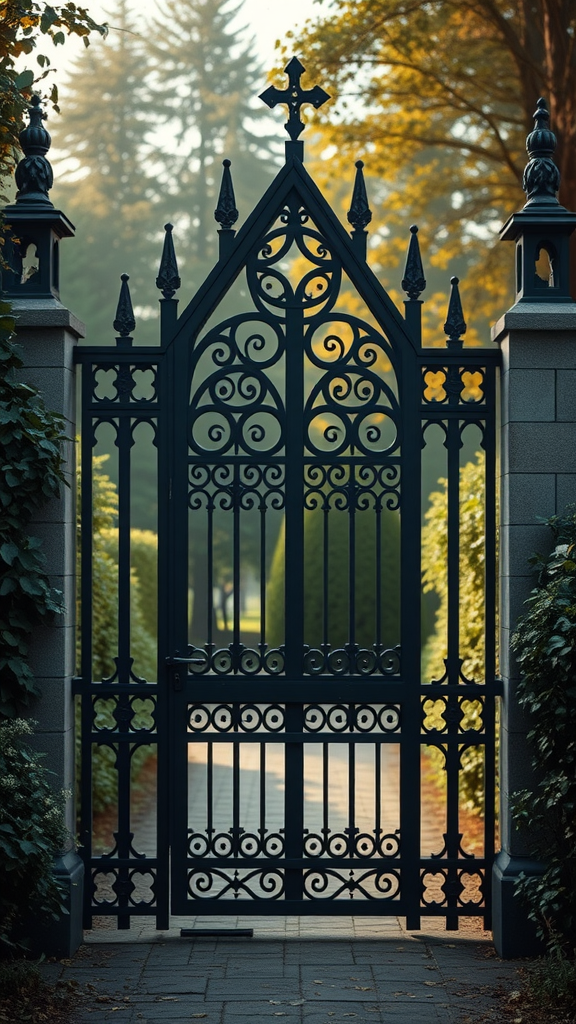 A Gothic-style pointed arch gate with intricate designs and a backdrop of greenery.