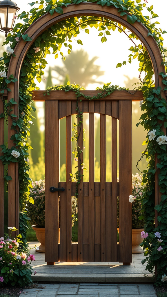 An arched wooden gate adorned with greenery and flowers, leading into a garden.