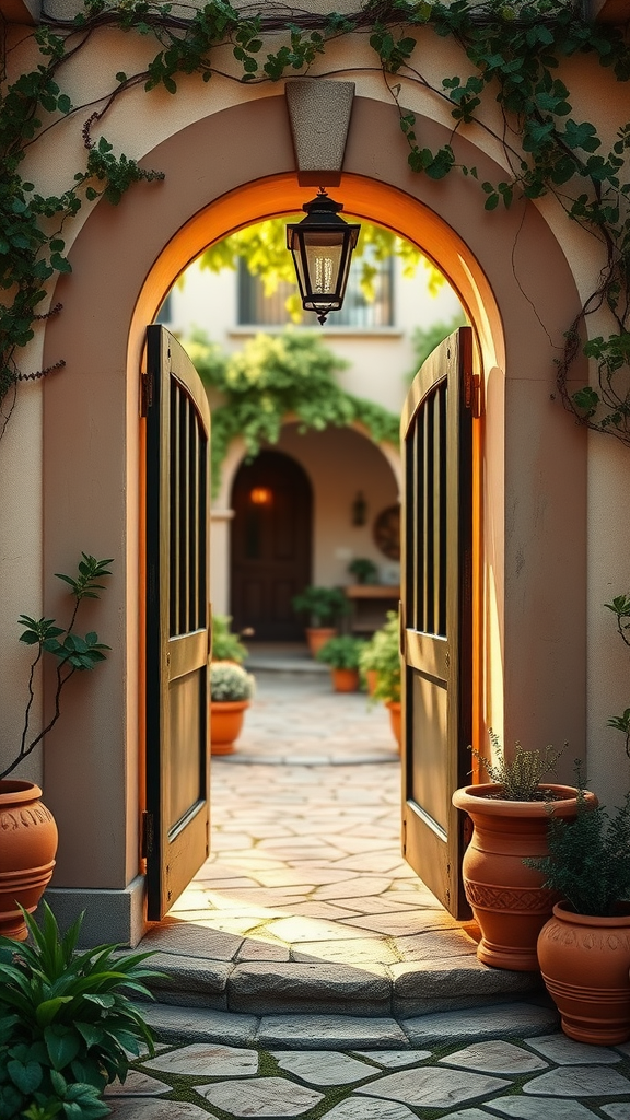 Mediterranean-inspired archway gate leading to a beautifully landscaped garden with terracotta pots.