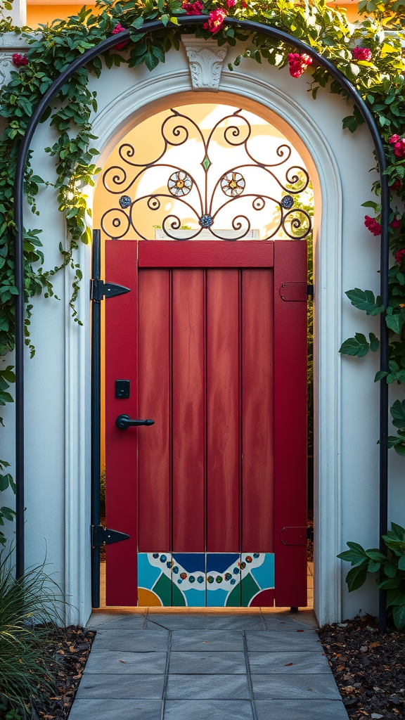 A colorful mosaic tile gate with a red wooden door framed by greenery.