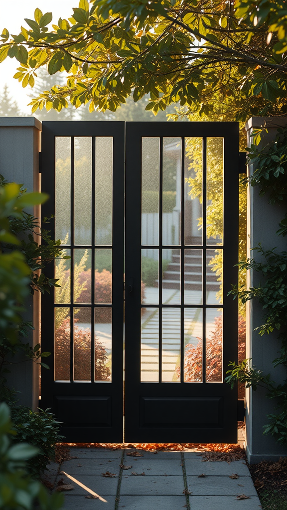 A contemporary glass panel gate opening to a landscaped garden with steps and greenery.