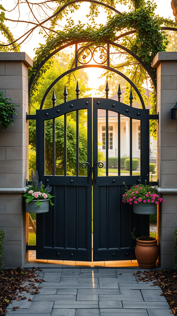 A stylish wooden garden gate with built-in planters, surrounded by lush greenery.