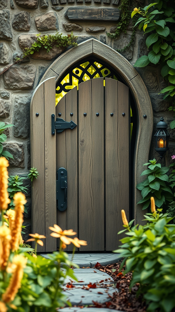 A rustic wrought iron garden gate adorned with pink roses and greenery.