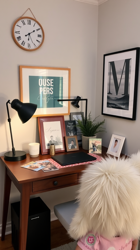 Cozy desk setup with photos, plants, and a stylish lamp