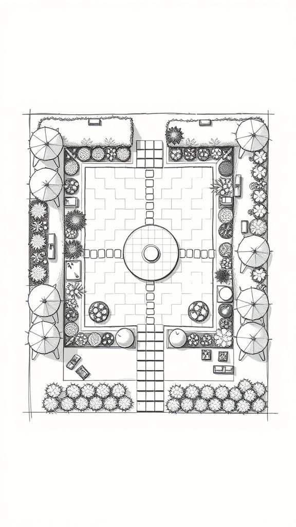 Garden layout design with seasonal display beds and a central circular feature.