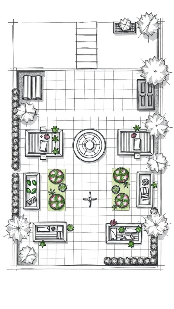 A layout design of raised vegetable boxes in a garden.