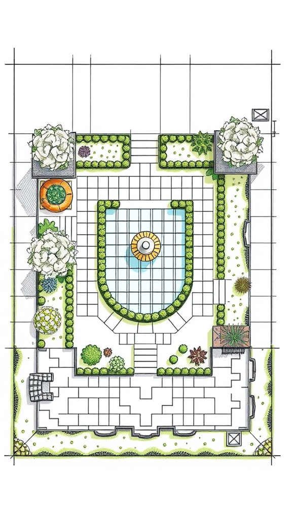 Garden layout design featuring greenery, a pool, and plant beds.