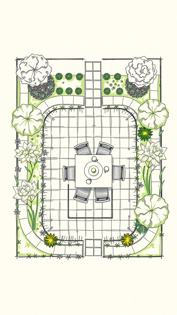 Sketch of an outdoor dining area with a table and surrounding plants.