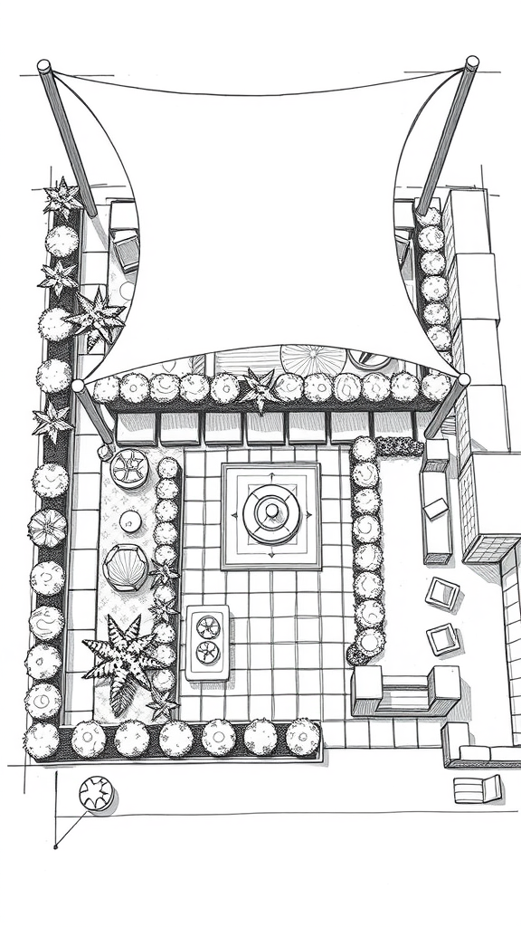 A sketch of a garden layout featuring a large shade sail, plants, and seating areas.