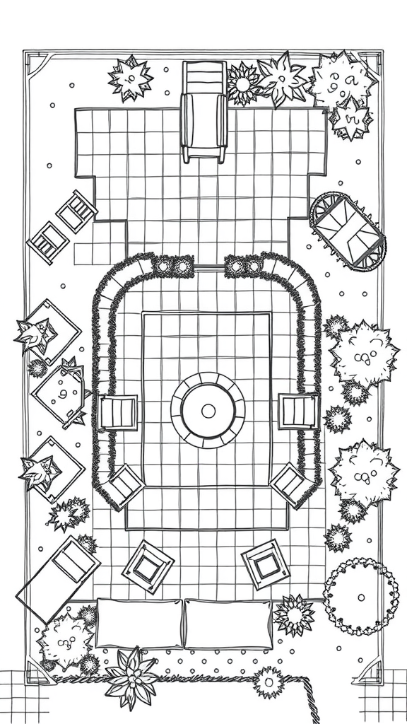 A garden plan layout featuring a fire pit gathering space with seating and plants.