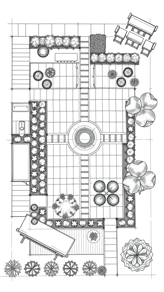 Garden plan layout design featuring a rain garden with various plants and seating areas.