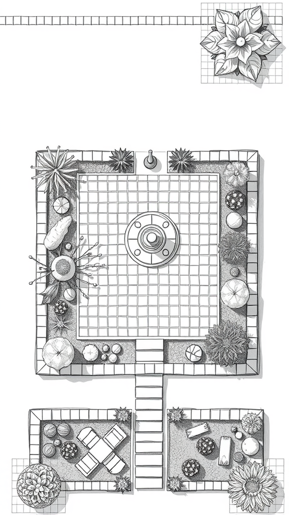 A detailed layout of a Zen rock garden with a central feature and surrounding plants.