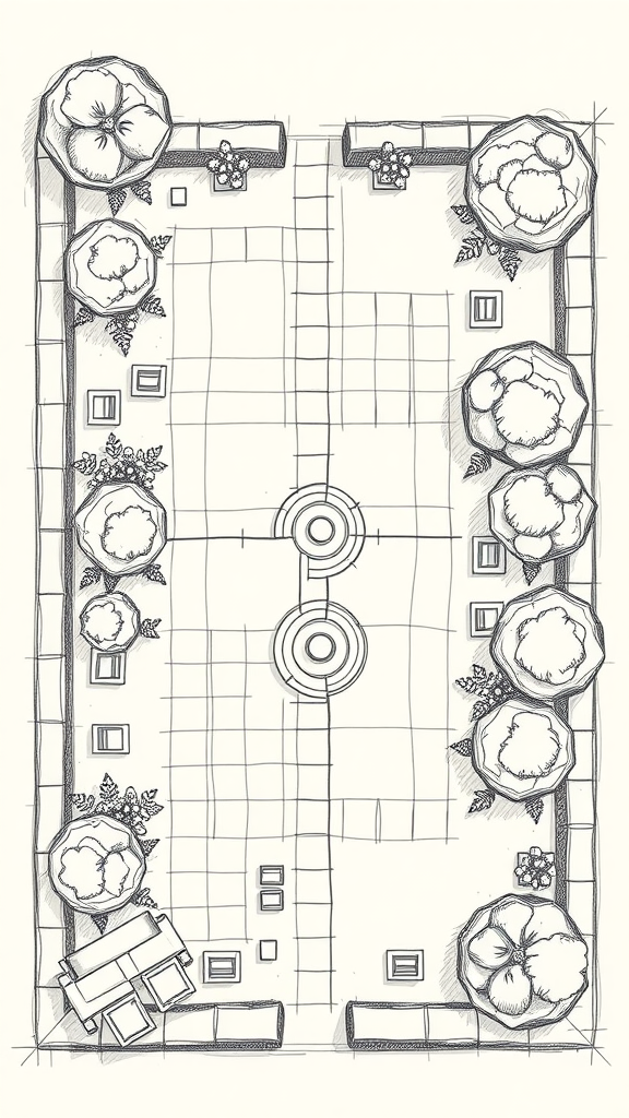 Sketch of a fruit tree orchard layout with trees and garden design features.