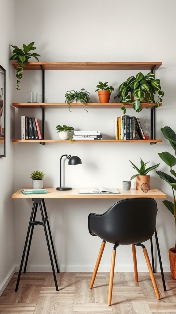 A compact corner desk with floating shelves, featuring plants and books.