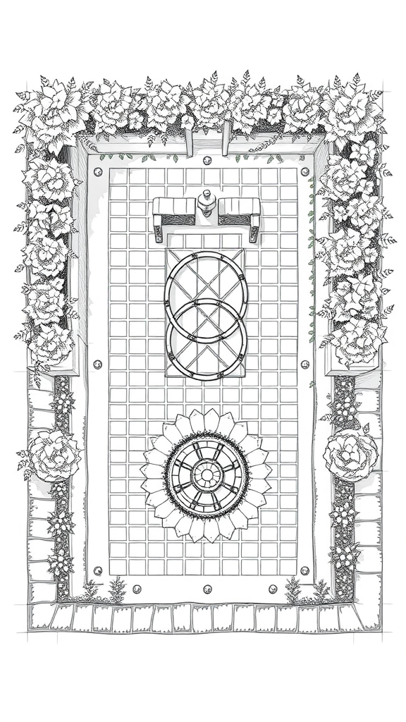 Garden layout with trellis and floral designs.