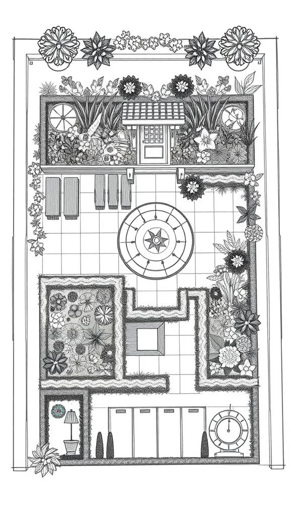 A detailed illustration of a garden layout featuring various plants, a house, and seating areas.