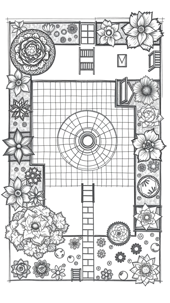 Illustration of a garden layout with floral designs and a central circular feature.