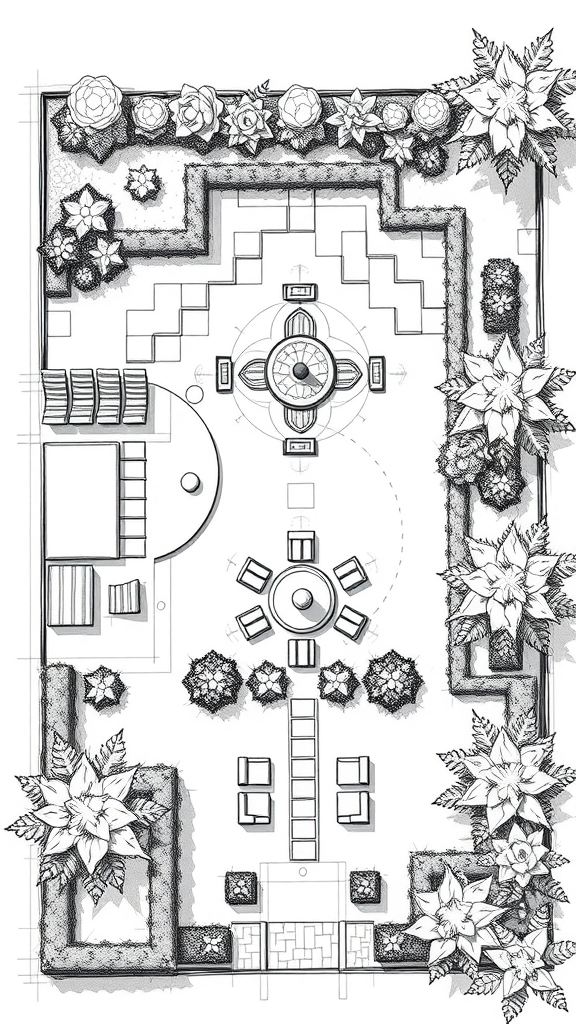 Garden layout design featuring play areas and seating arrangements.