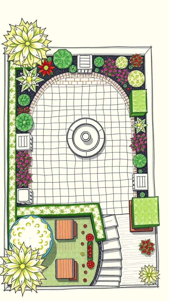 Illustration of a colorful container garden layout, featuring various plants and seating areas.